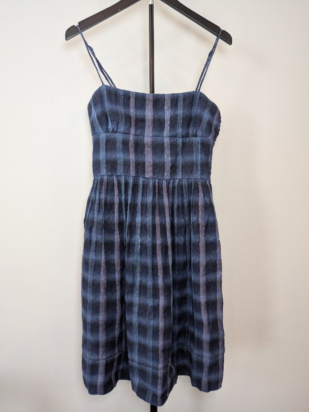 Gap Women's Size S Linen Navy Plaid Y2K Spaghetti Strap Dress